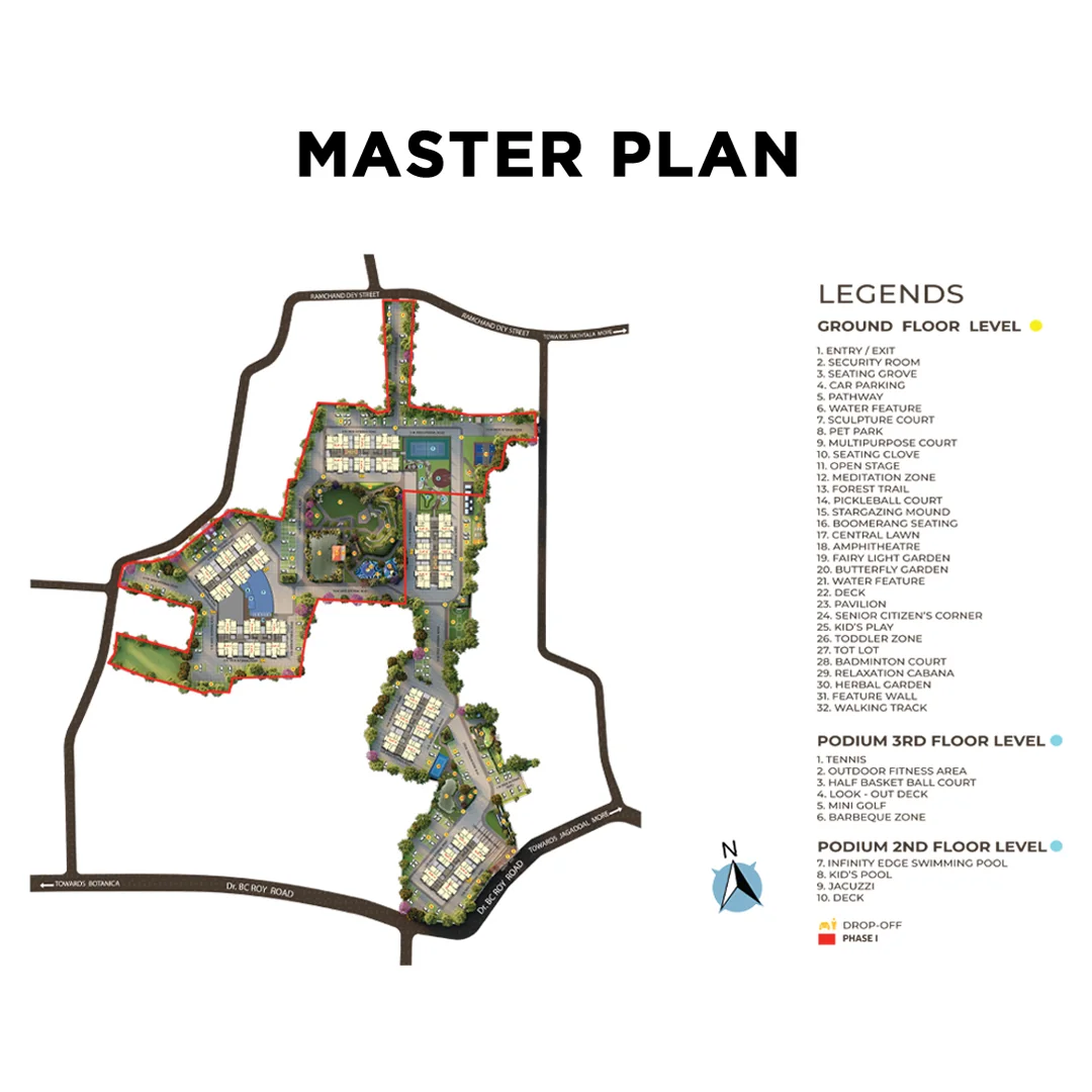 Orizon master plan showing the residential towers, access roads, open spaces and numbered amenities